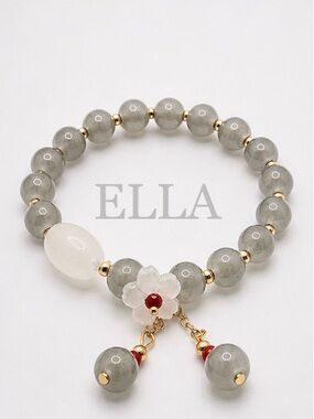 Grey Flower Glass Beaded Bracelet with Floral Charm | Gold Accent Stretch Stack